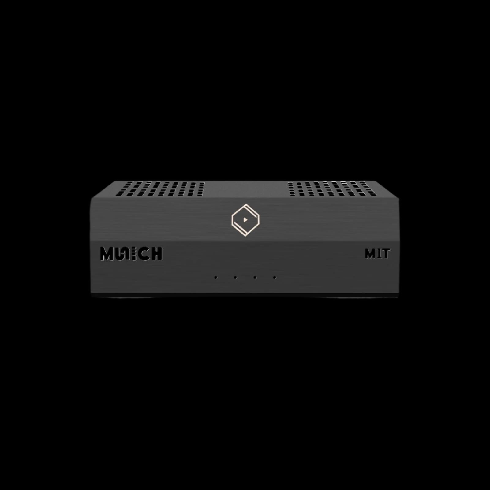 Front view of Silent Angel Munich M1T V2 network music transporter, showing sleek metal chassis and front LEDs