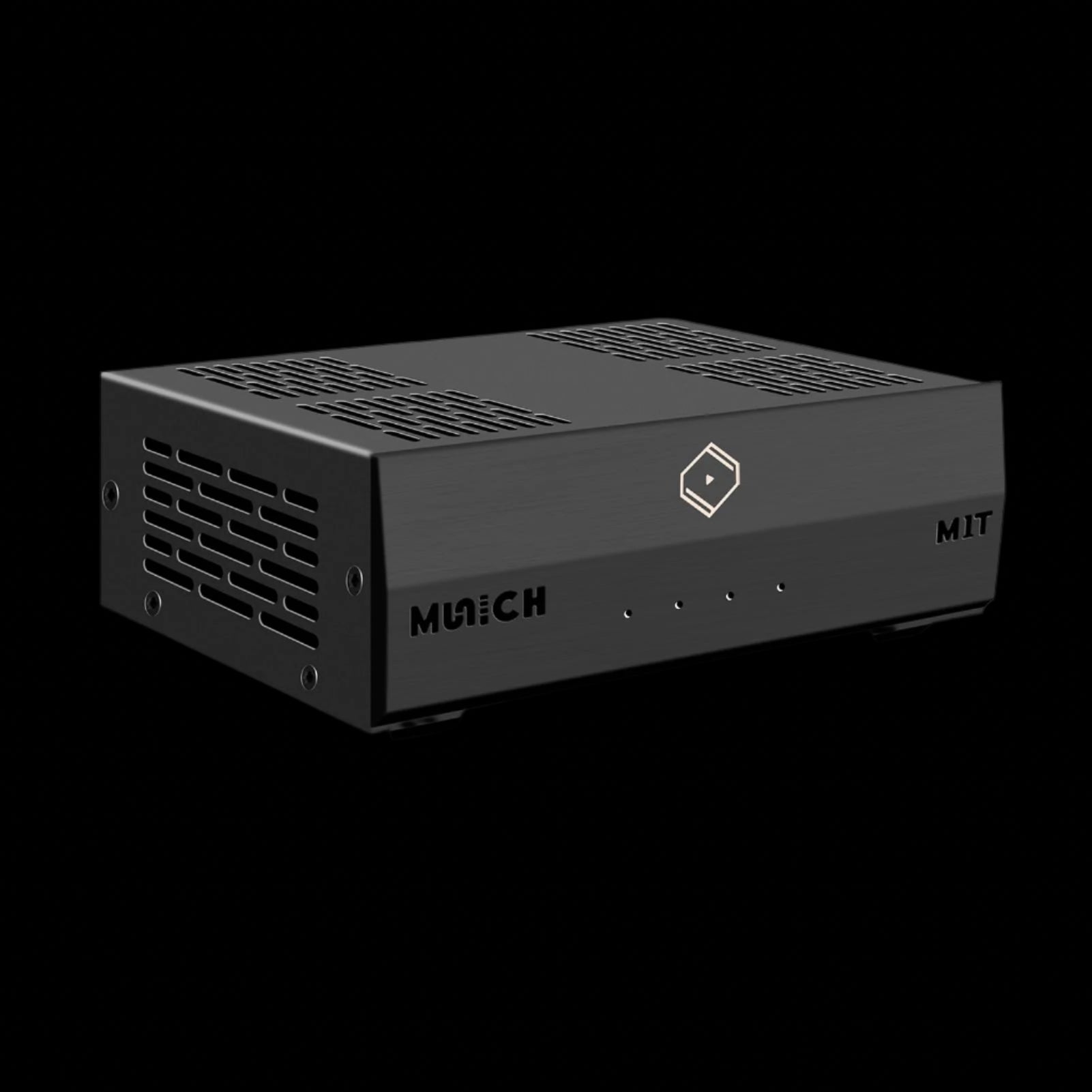 Front view of Silent Angel Munich M1T V2 network music transporter, showing sleek metal chassis and front LEDs