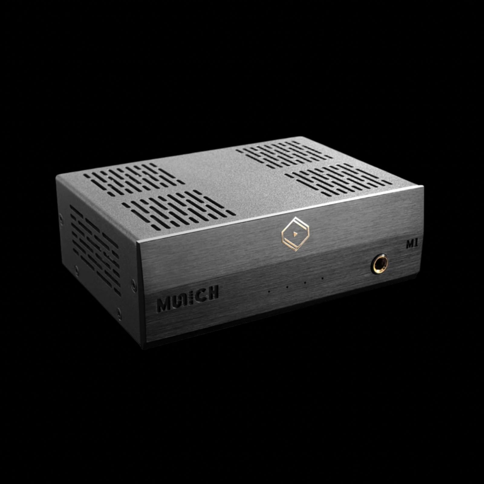 Front view of Silent Angel Munich M1 V2 streamer, showing minimalist design and LED indicators