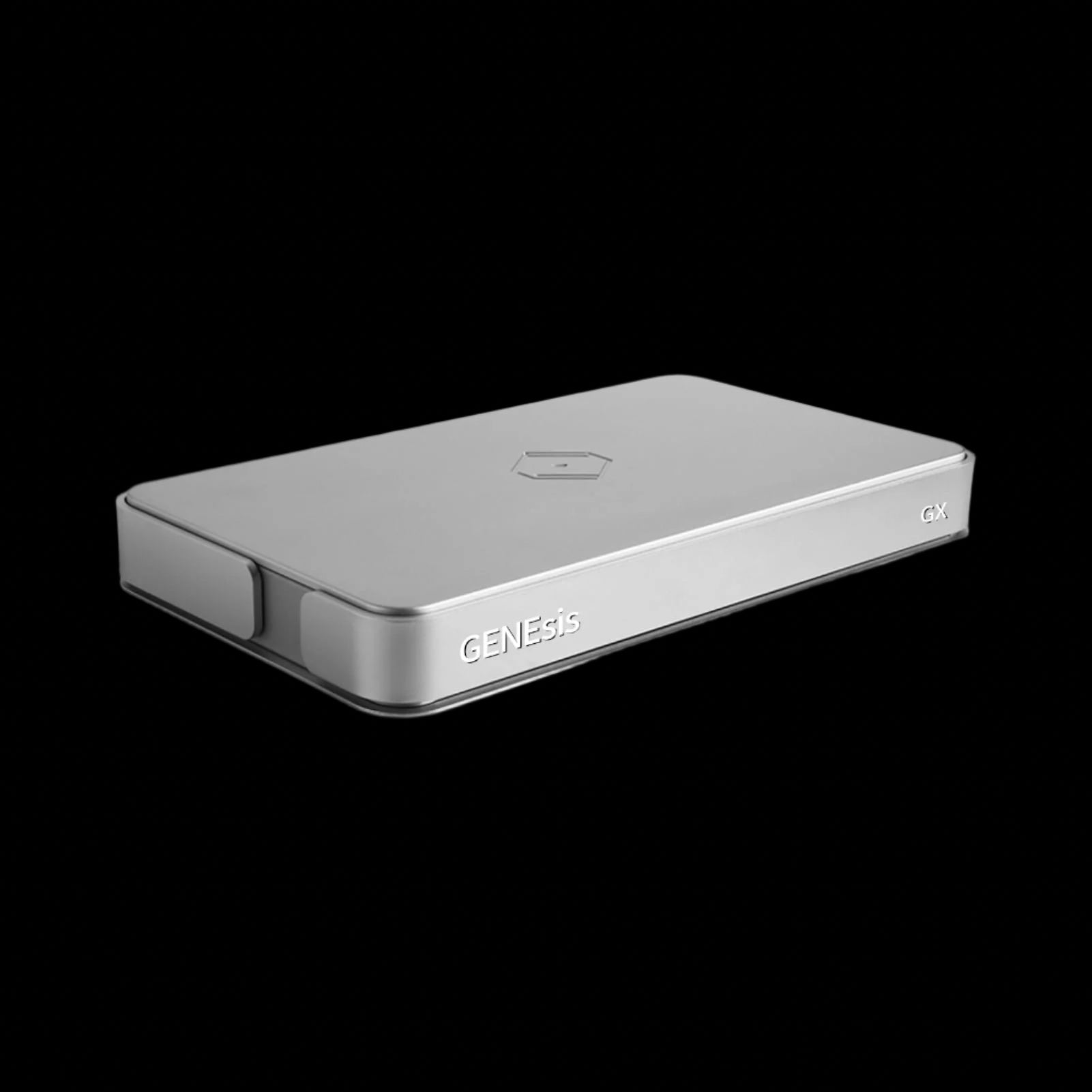 Front view of silver Silent Angel Genesis GX word clock, showing sleek design and display panel