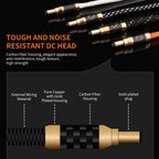 DC cable with carbon fiber housing and gold-plated plug on a black background