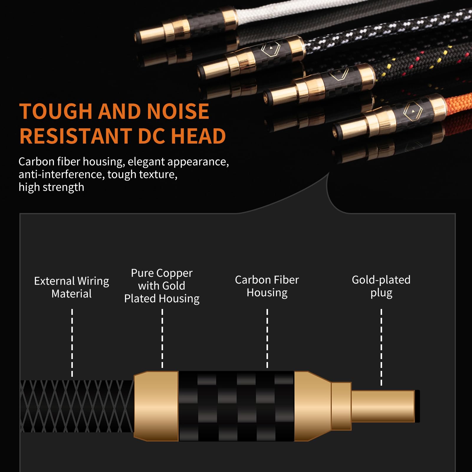 DC cable with carbon fiber housing and gold-plated plug on a black background