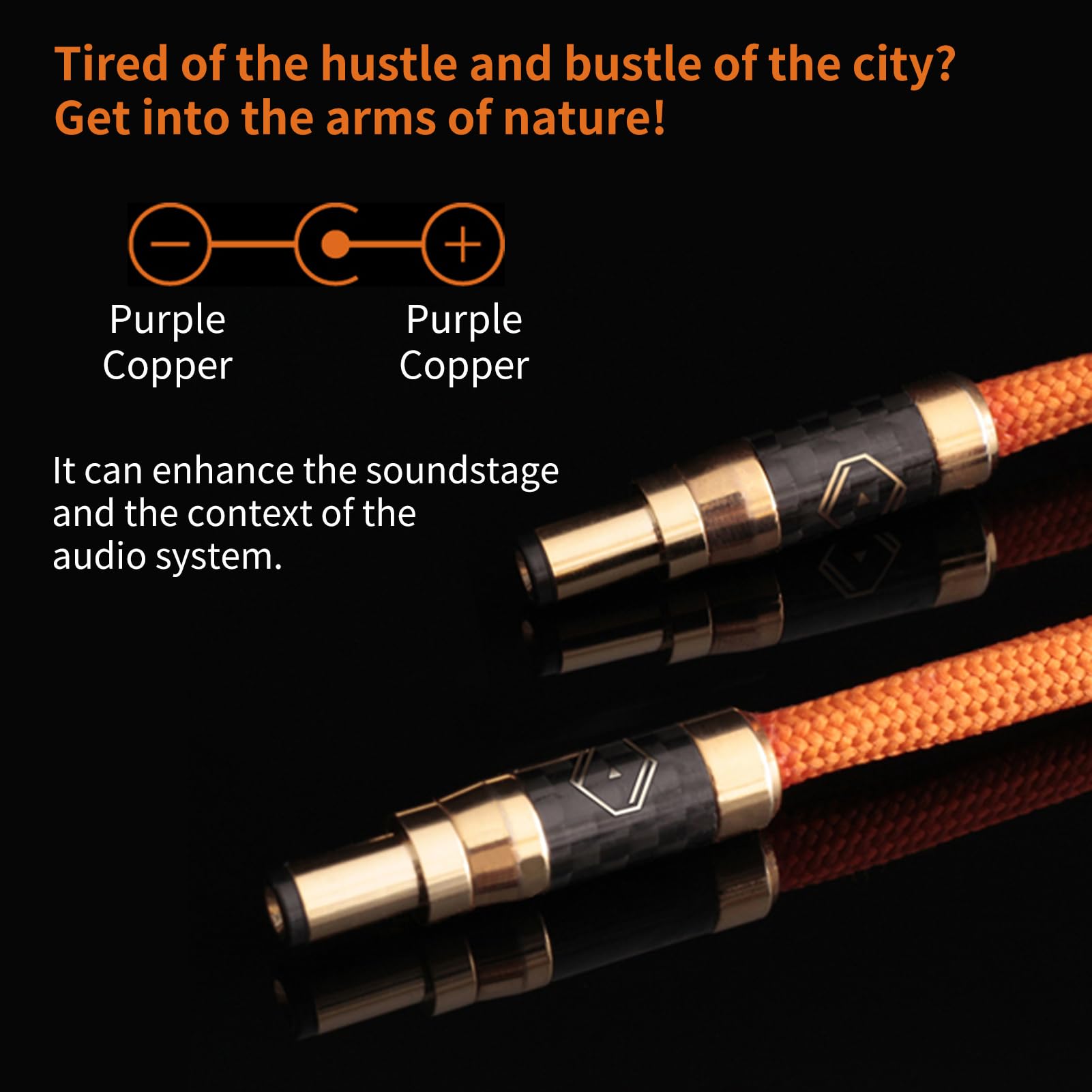 12V Orange DC Bastei cable braided with purple copper positive and negative poles front view