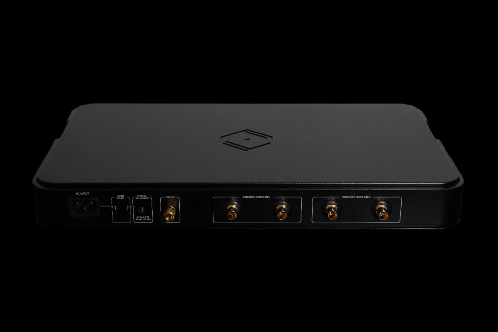 Rear view of Silent Angel Black Genesis GX word clock, highlighting BNC connectors and power inputs