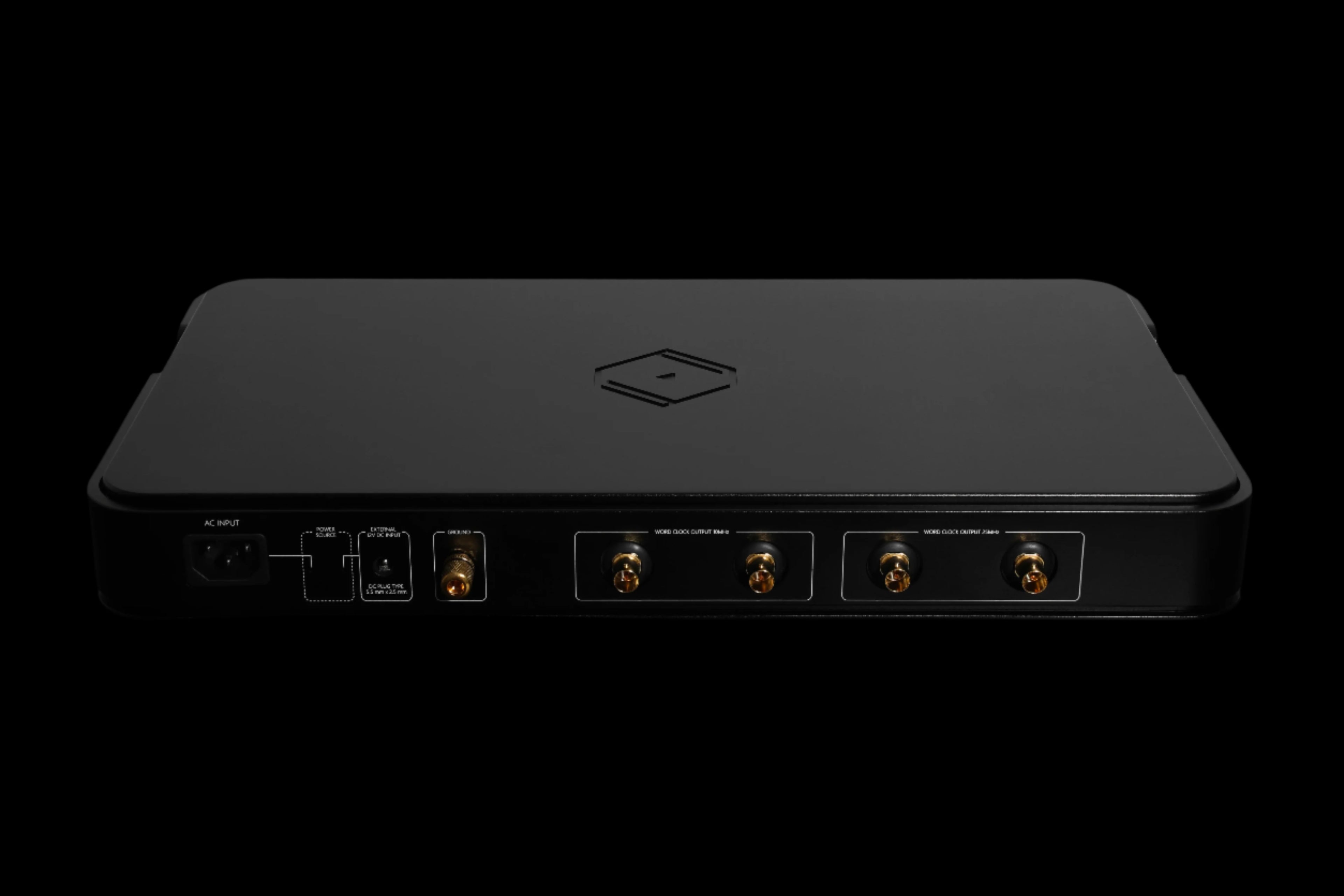 Rear view of Silent Angel Black Genesis GX word clock, highlighting BNC connectors and power inputs