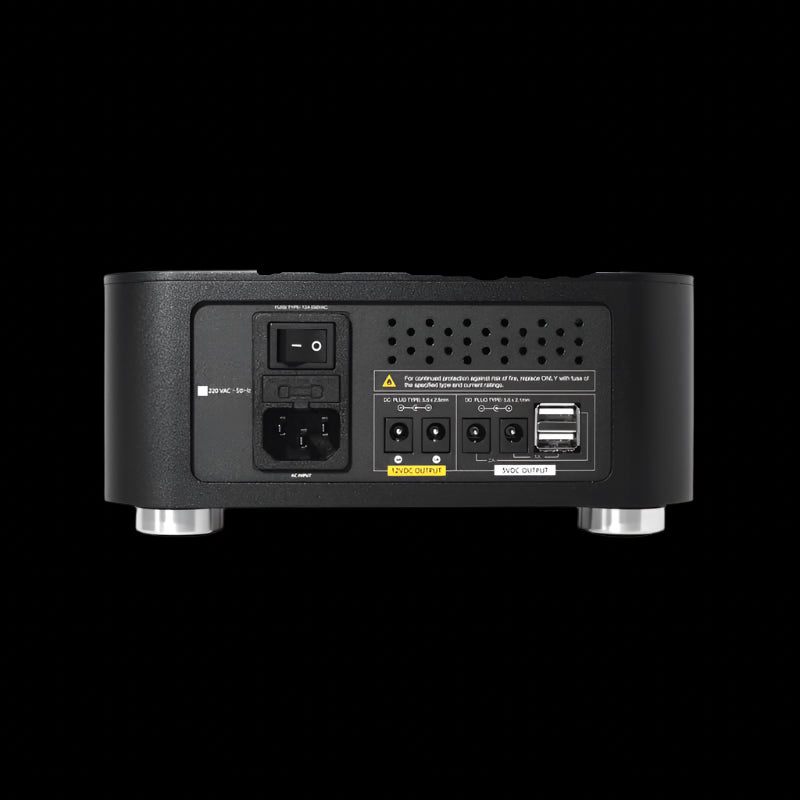 Rear profile view of the Black Forester F2 audiophile-grade hifi linear power supply showcasing connecting ports, switch, and compact sleek design
