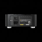 Rear profile view of the Black Forester F2 audiophile-grade hifi linear power supply showcasing connecting ports, switch, and compact sleek design