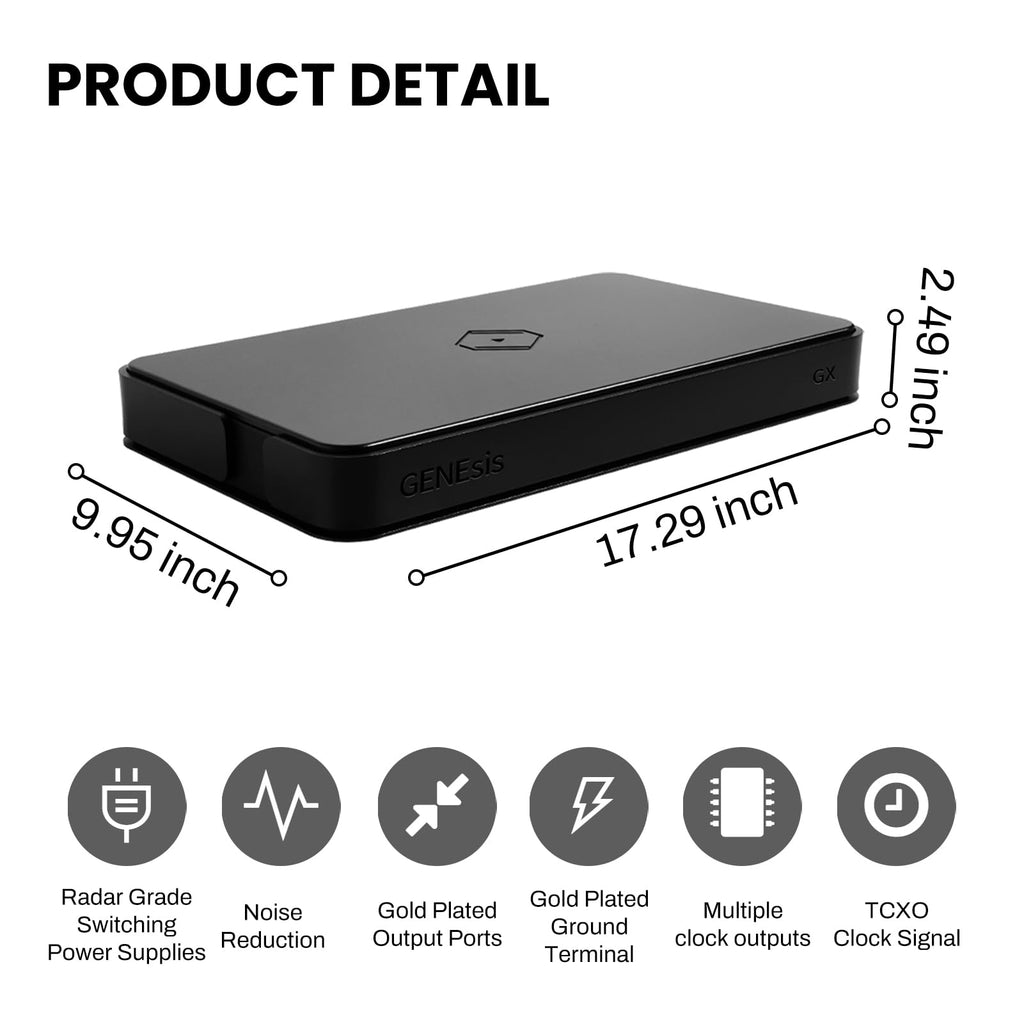 Black Genesis GX Word Clock emphasizin radar grade switching power supplies, noise reduction, gold plated output ports, gold plated ground terminal, multiple clock outputs, and TCXO clock signal