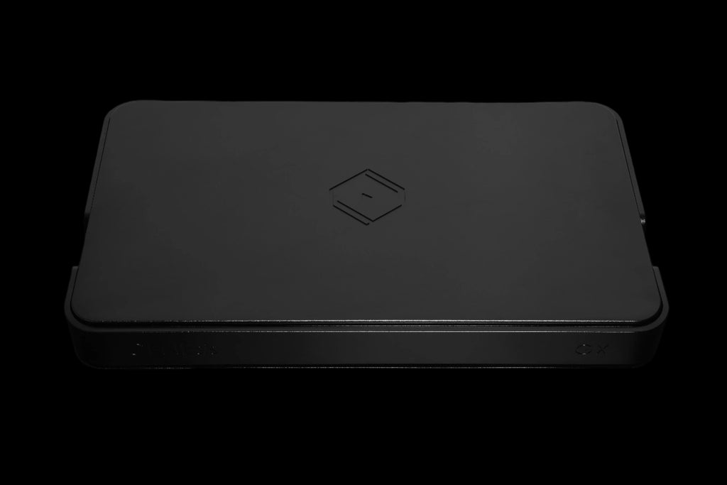 Top view of Silent Angel Black Genesis GX word clock, showing sleek design and display panel