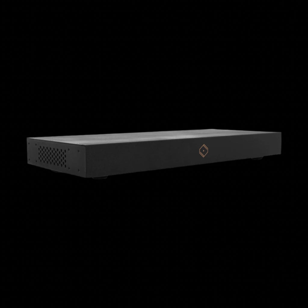 Front view of Black Silent Angel Bonn N8 Pro network switch, showing sleek design and LED status indicators