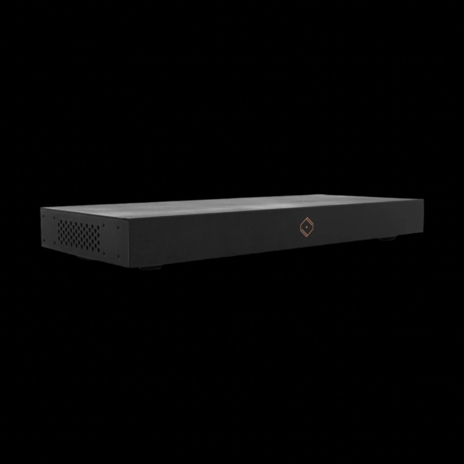 Front view of Black Silent Angel Bonn N8 Pro network switch, showing sleek design and LED status indicators