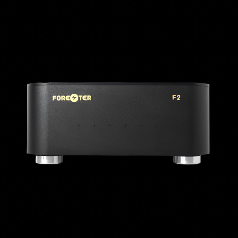 Black Forester F2 audiophile-grade linear power supply front profile view emphasizing modern and sleek design with a compact size