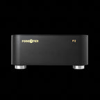 Black Forester F2 audiophile-grade linear power supply front profile view emphasizing modern and sleek design with a compact size