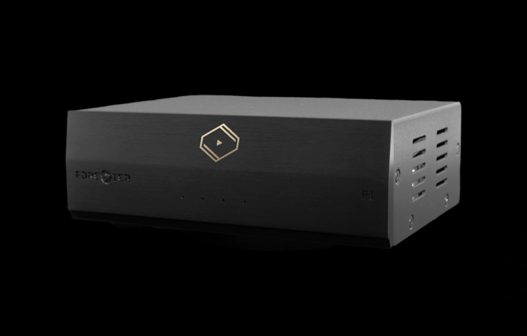 Front angle view of Silent Angel Forester F1 linear power supply, showing minimalist metal enclosure and LED status lights