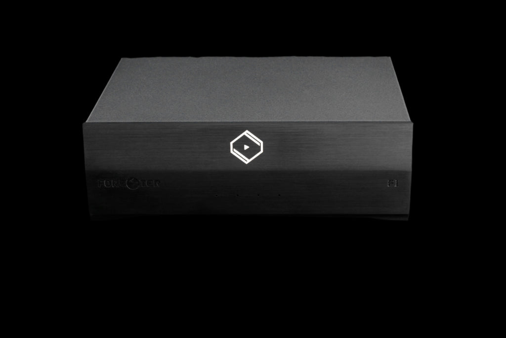 Front view of Silent Angel Forester F1 linear power supply, showing minimalist metal enclosure and LED status lights
