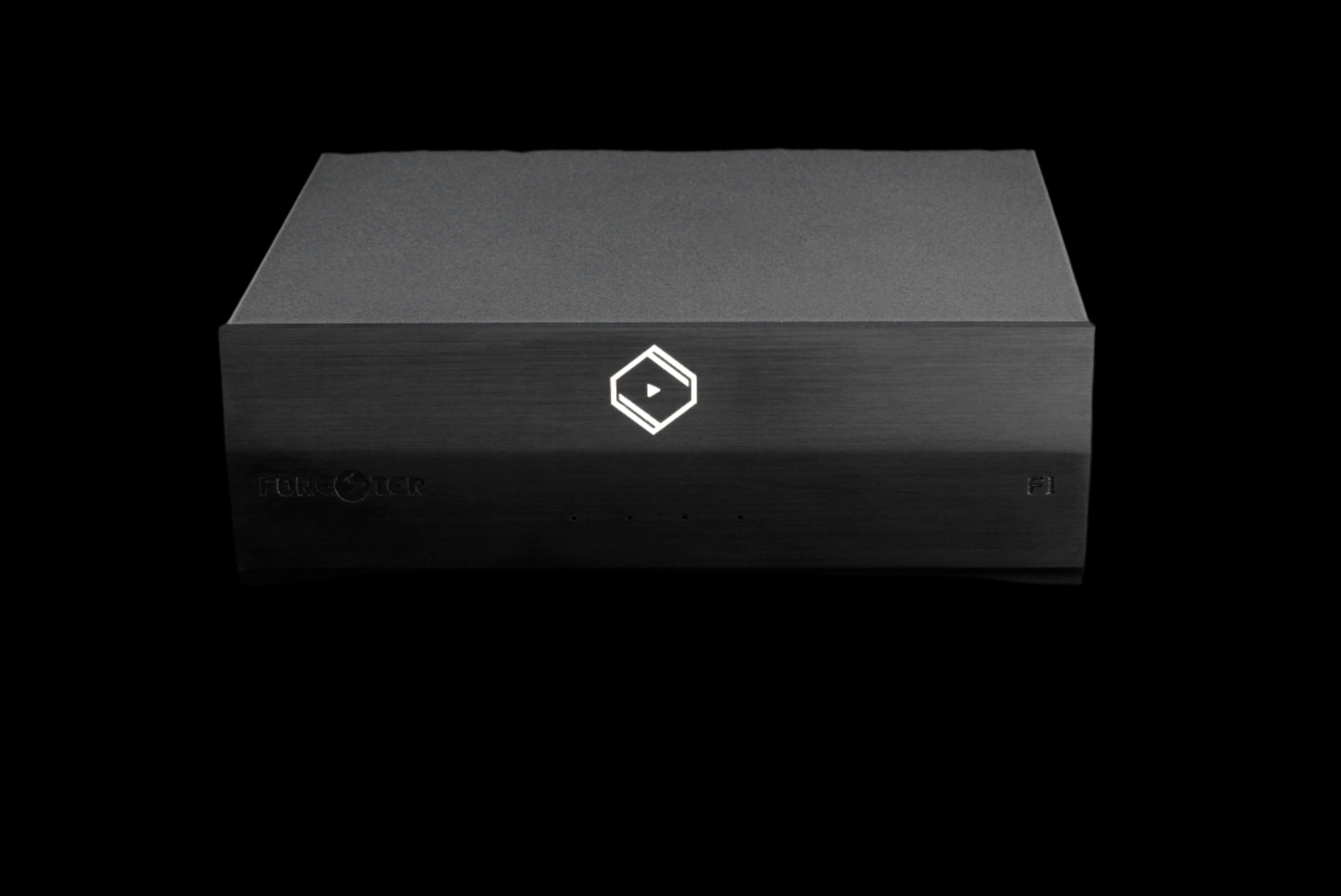 Front view of Silent Angel Forester F1 linear power supply, showing minimalist metal enclosure and LED status lights
