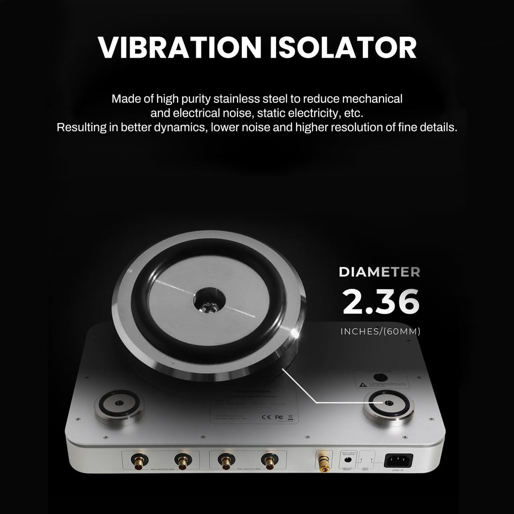 Genesis GX word clock has vibration isolator feet that are made of high purity stainless steel designed to reduce mechanical noise, electrical noise, and stating electricity, which results in better dynamics, lower noise, and higher resolution of fine details