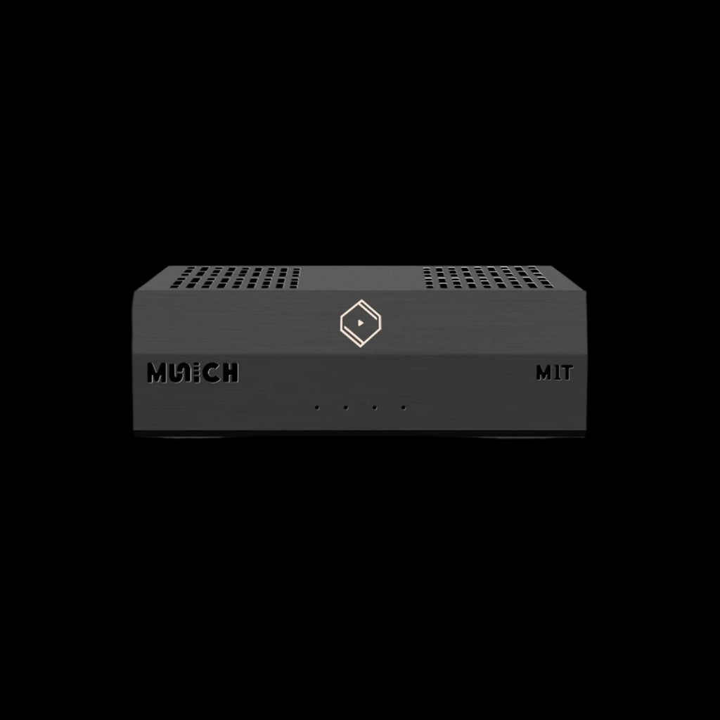 Front view of Silent Angel Munich M1T V2 network music transporter, showing sleek metal chassis and front LEDs