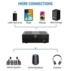 Immerse into Hifi with the Munich M1v2 by connecting flash drives, ipads, iphones, NAS storage, stereo systems, active speakers, or headsets