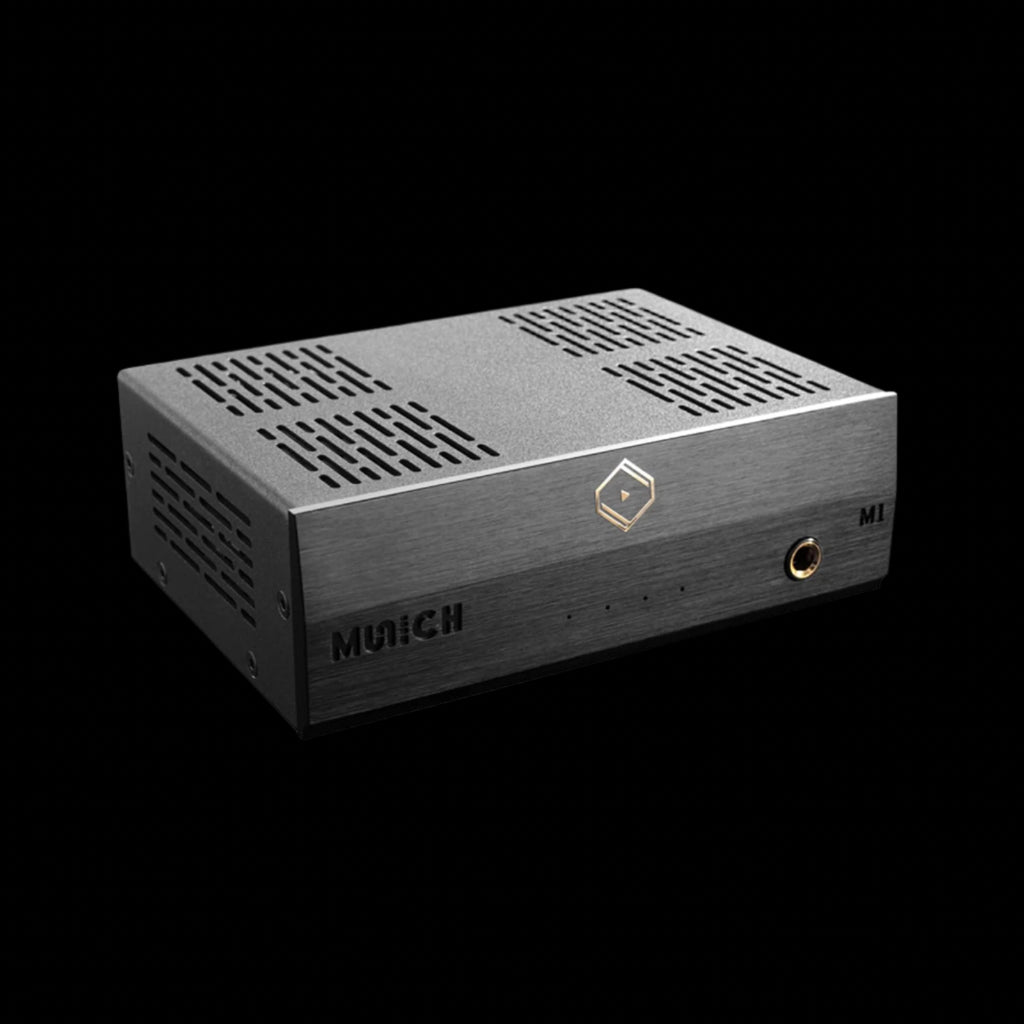 Front view of Silent Angel Munich M1 V2 streamer, showing minimalist design and LED indicators