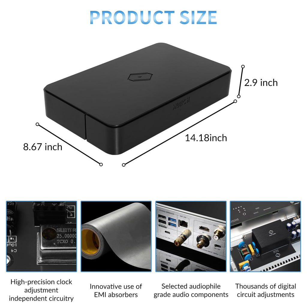Top angle view of Black Munich MU audiophile-grade hifi music streamer emphasizing compact and modern design