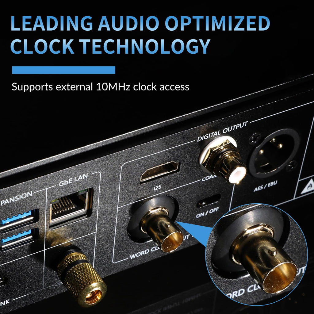 Black Munich MU audiophile-grade hifi music streamer showcasing digital output ports with leading audio optimized clock technology that supports external 10MHz clock access