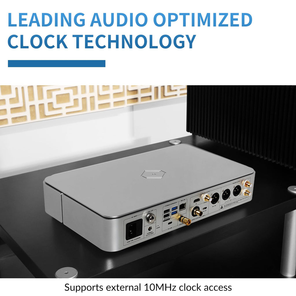 Munich MU silver audiophile-grade music streamer from a back view emphasizing leading audio optimization clock technology