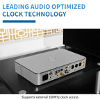 Munich MU silver audiophile-grade music streamer from a back view emphasizing leading audio optimization clock technology