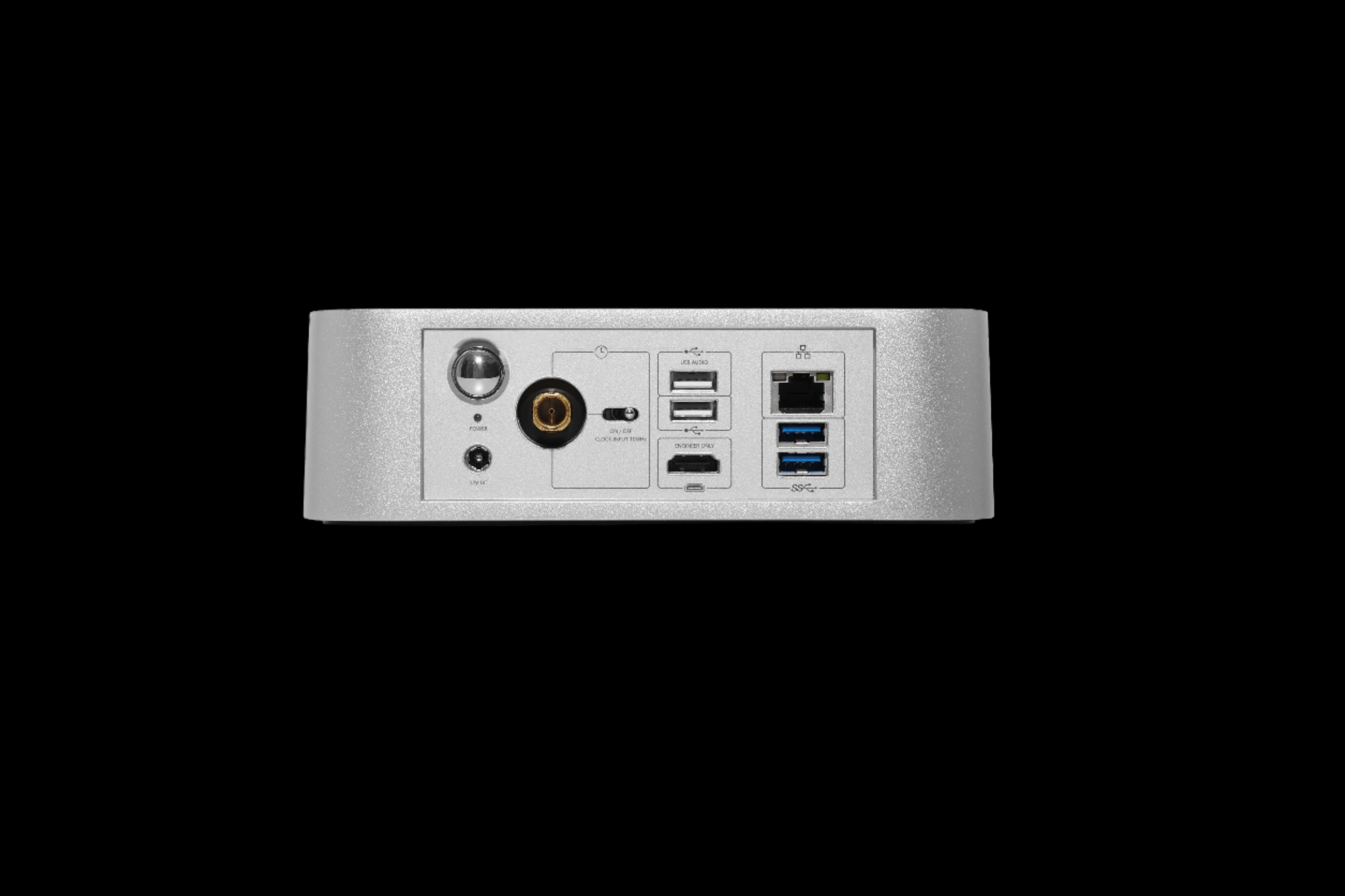 Silent Angel silver Rhein Z1C audiophile-grade music server close-up of back profile view of connecting ports