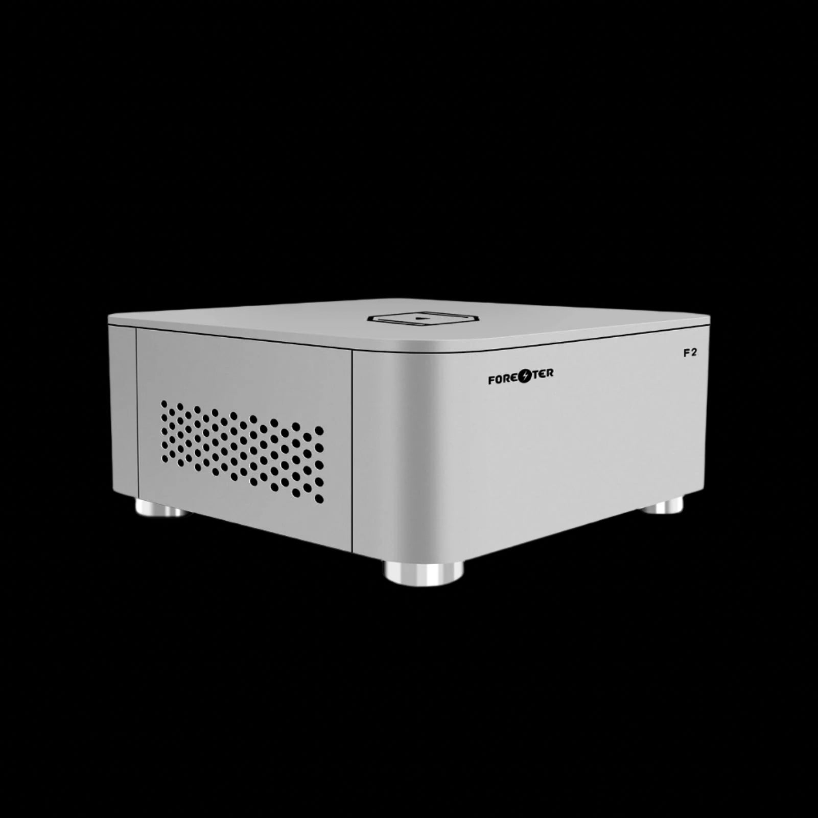 Side profile of the silver Forester F2  audiophile-grade hifi linear power supply emphasizing sleek, modern, and compact design
