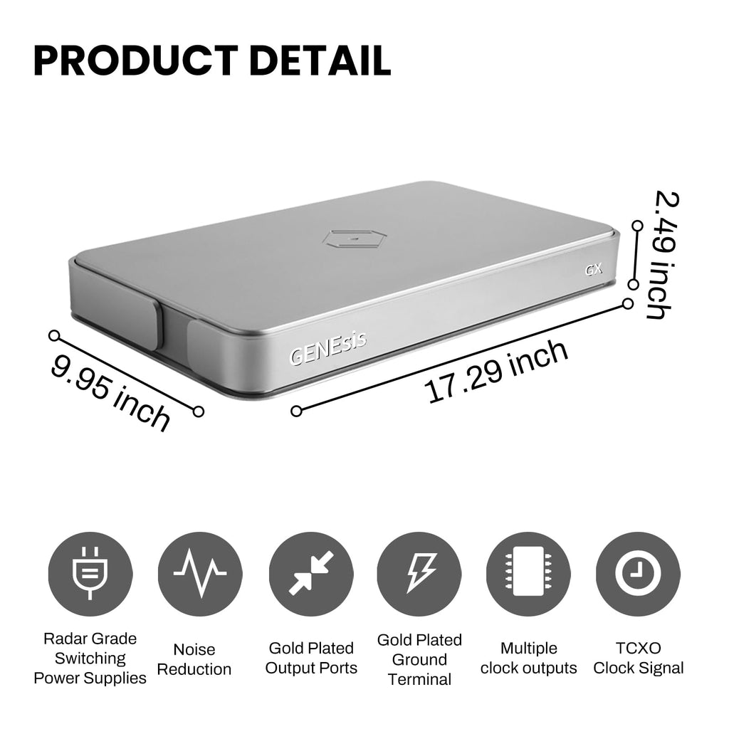 Silver Genesis GX Word Clock emphasizin radar grade switching power supplies, noise reduction, gold plated output ports, gold plated ground terminal, multiple clock outputs, and TCXO clock signal