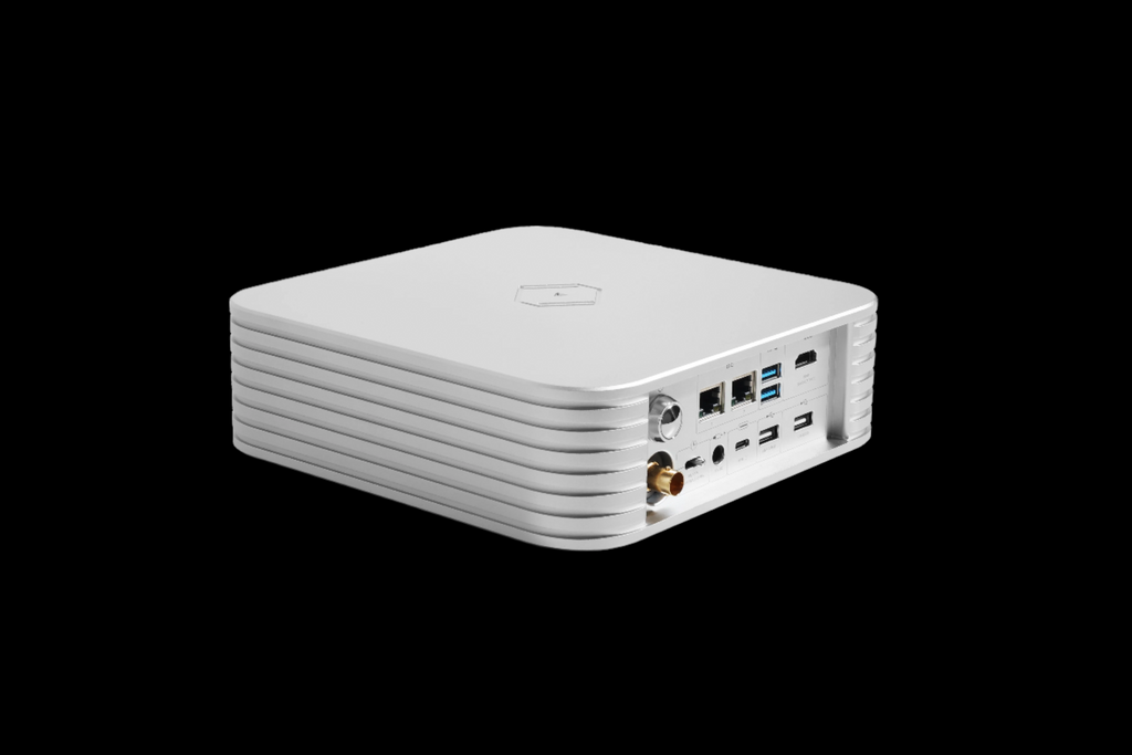 Side rear view of Silent Angel Rhein Z1 Plus, highlighting digital outputs, USB ports, and Ethernet connections