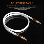 12V DC upgrade cable with white braided design and gold connectors on a black background