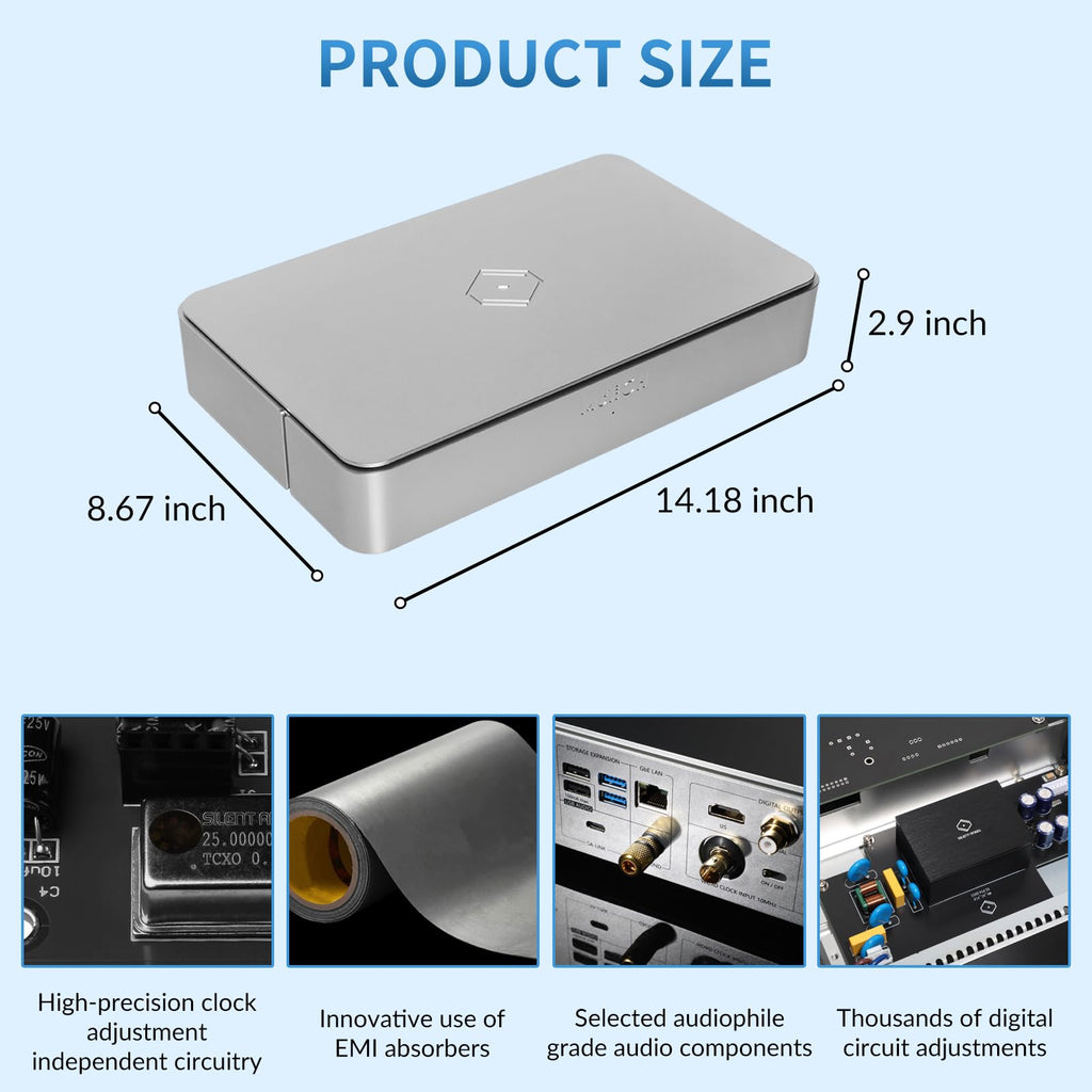 Top angle view of Silver Munich MU audiophile-grade hifi music streamer emphasizing compact size and modern design