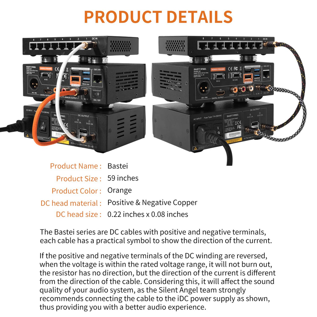 59in Orange 12V Bastei DC cable with positive and negative copper terminals plugged into silent angel setup