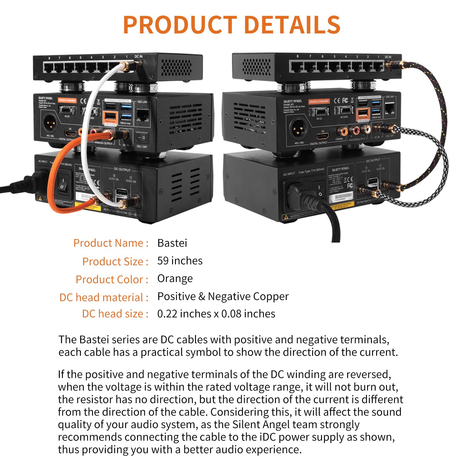59in Orange 12V Bastei DC cable with positive and negative copper terminals plugged into silent angel setup