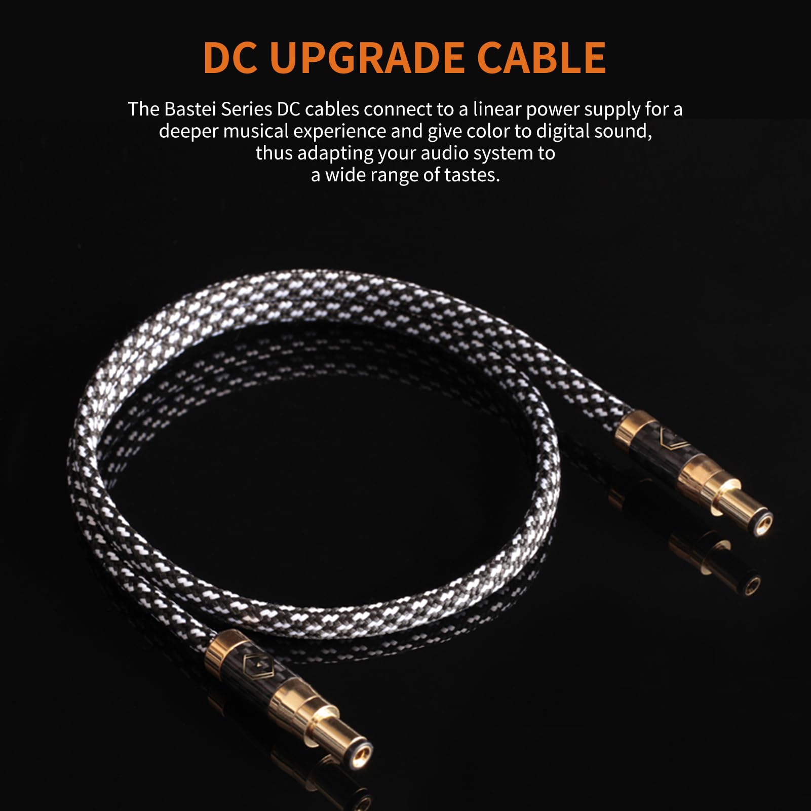 zebra plaid 12V audiophile-grade DC cable coiled view